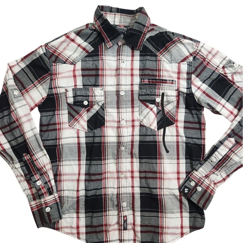 South Pole ole Mens Small Plaid Long Sleeve Button Up Shirt Streetwear‎ Pockets